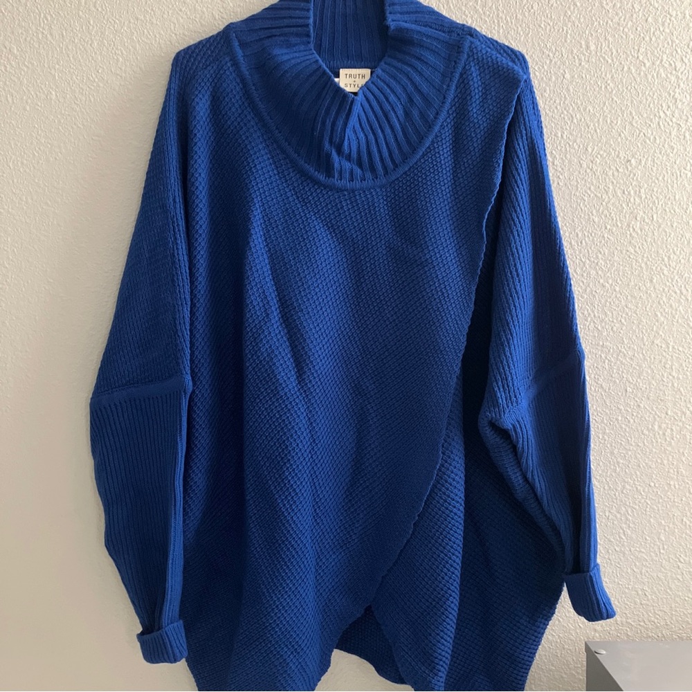 Truth + Style Knit Cross Over Funnel Neck Sweater - Blue (L) A461103